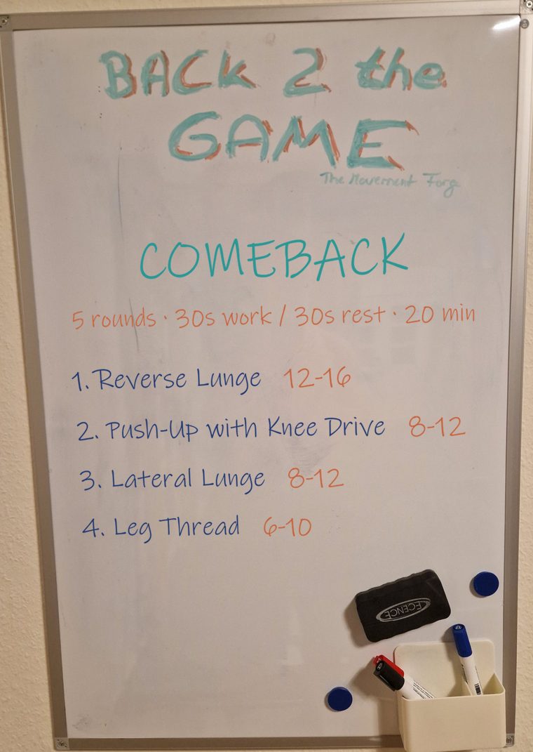 Whiteboard with today's workout in marker